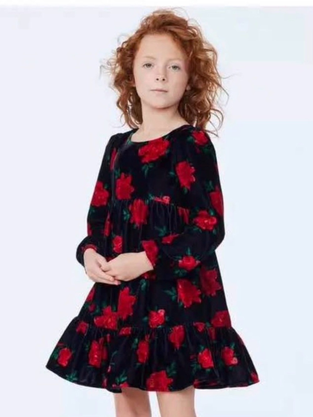 Janie and Jack Black Velvet Dress with Red Rose Pattern